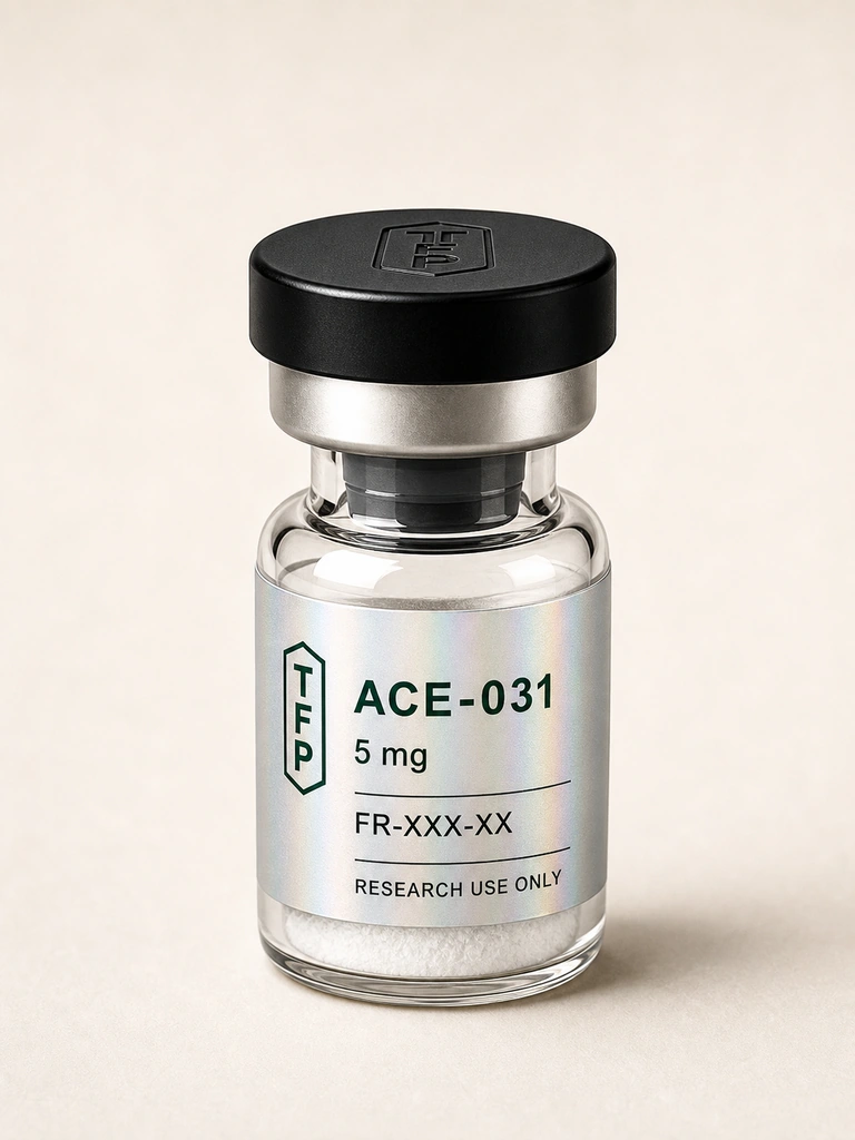 ACE-031, 5 mg en fiole 3 ml The French Peptides avec etiquette holographique argent, lot FR-XXX-XX