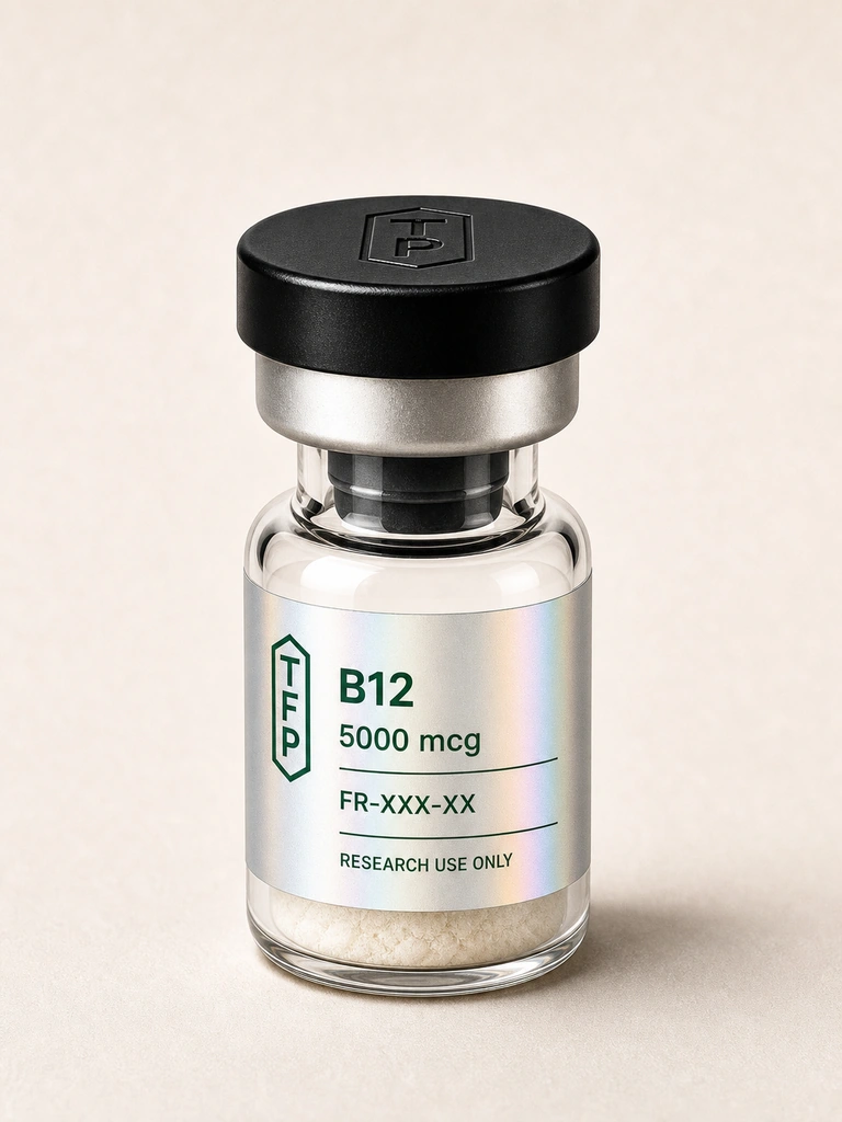 B12, 5000 mcg en fiole 3 ml The French Peptides avec etiquette holographique argent, lot FR-XXX-XX