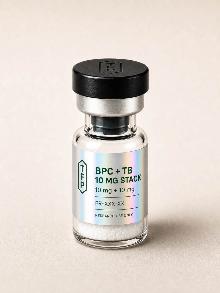 BPC 10mg + TB 10mg, 10 mg + 10 mg en fiole 3 ml The French Peptides avec etiquette holographique argent, lot FR-XXX-XX
