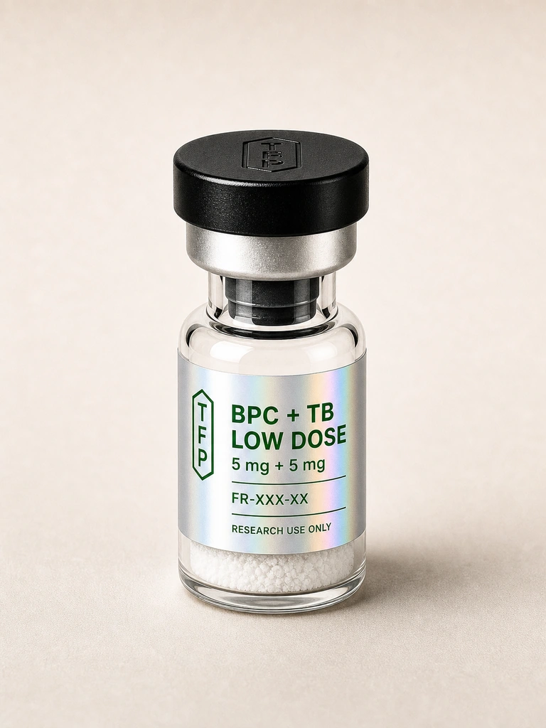 BPC 5mg + TB 5mg, 5 mg + 5 mg en fiole 3 ml The French Peptides avec etiquette holographique argent, lot FR-XXX-XX