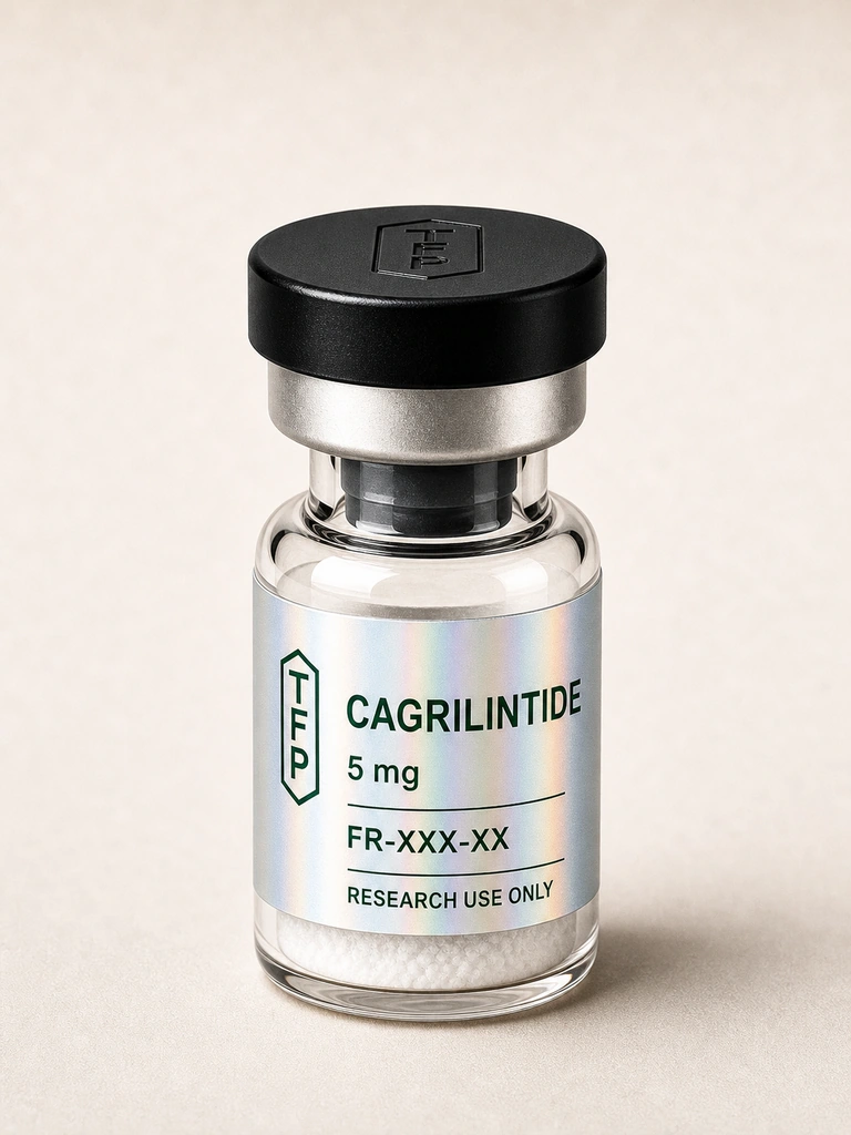 Cagrilintide, 5 mg en fiole 3 ml The French Peptides avec etiquette holographique argent, lot FR-XXX-XX