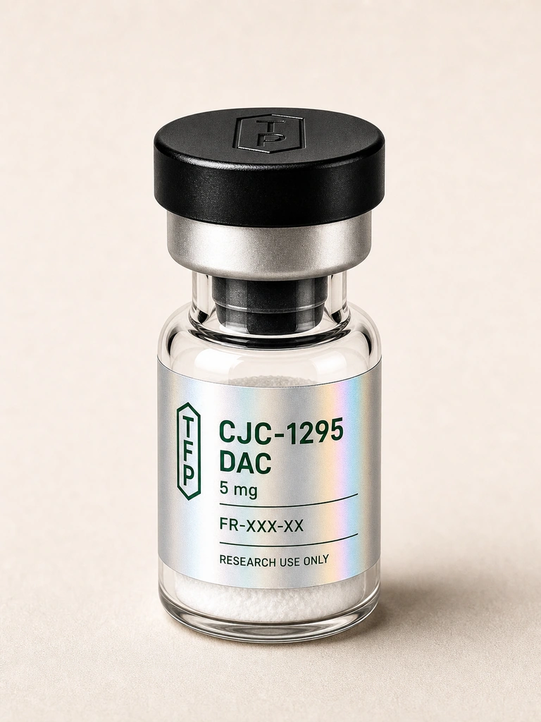 CJC-1295 With DAC, 5 mg en fiole 3 ml The French Peptides avec etiquette holographique argent, lot FR-XXX-XX