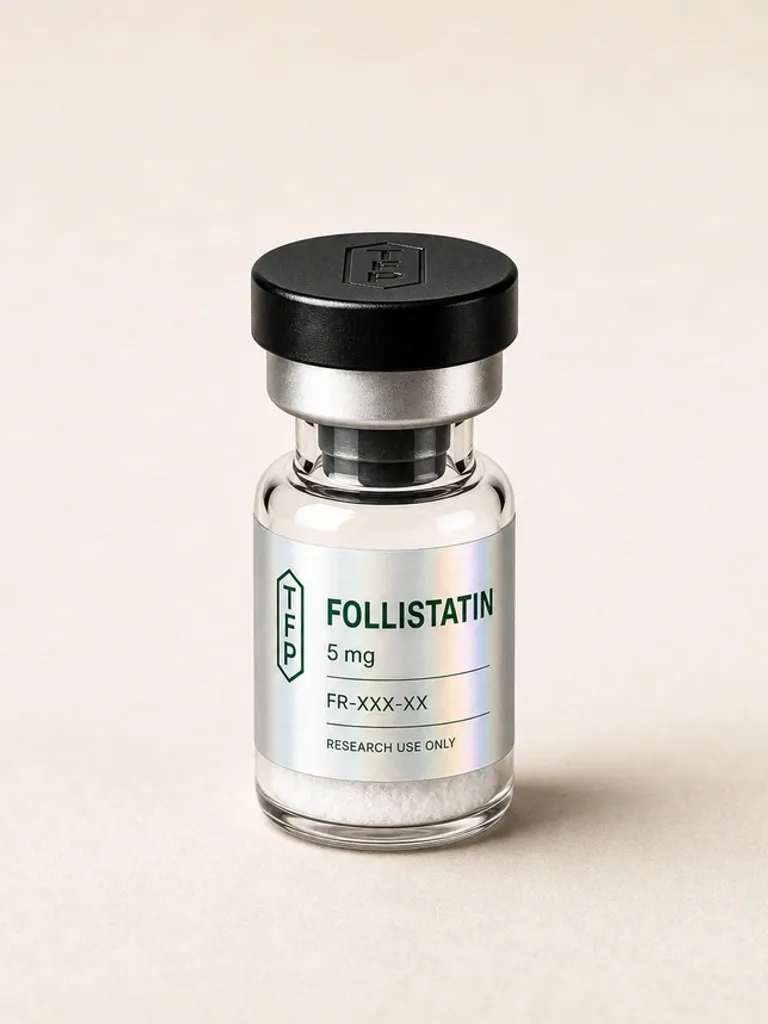 Follistatin, 5 mg en fiole 3 ml The French Peptides avec etiquette holographique argent, lot FR-XXX-XX