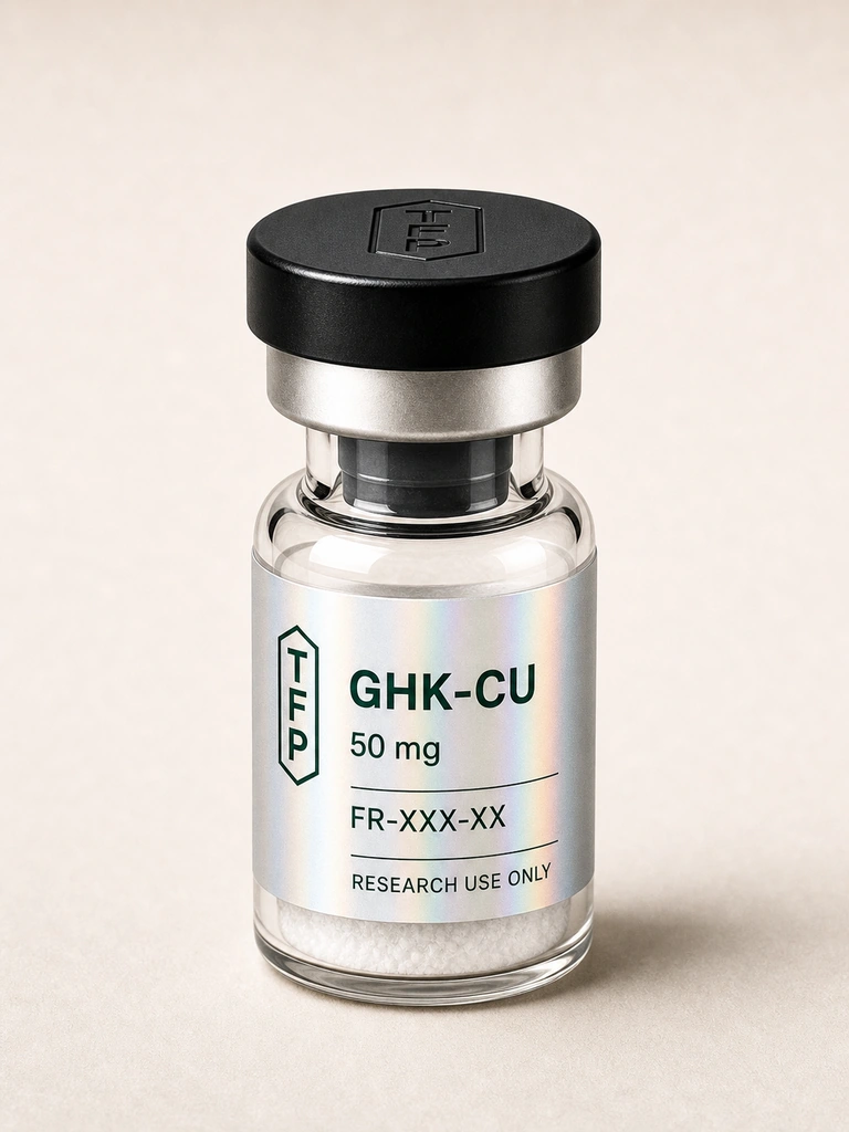 GHK-CU, 50 mg en fiole 3 ml The French Peptides avec etiquette holographique argent, lot FR-XXX-XX