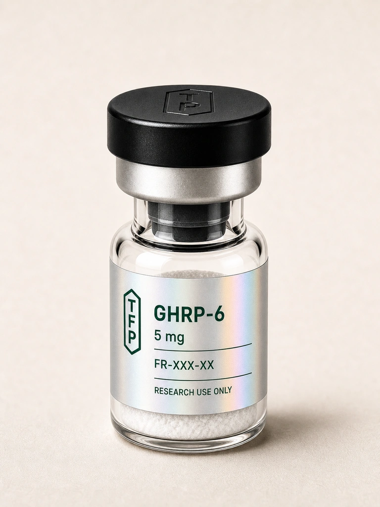 GHRP-6 Acetate, 5 mg en fiole 3 ml The French Peptides avec etiquette holographique argent, lot FR-XXX-XX