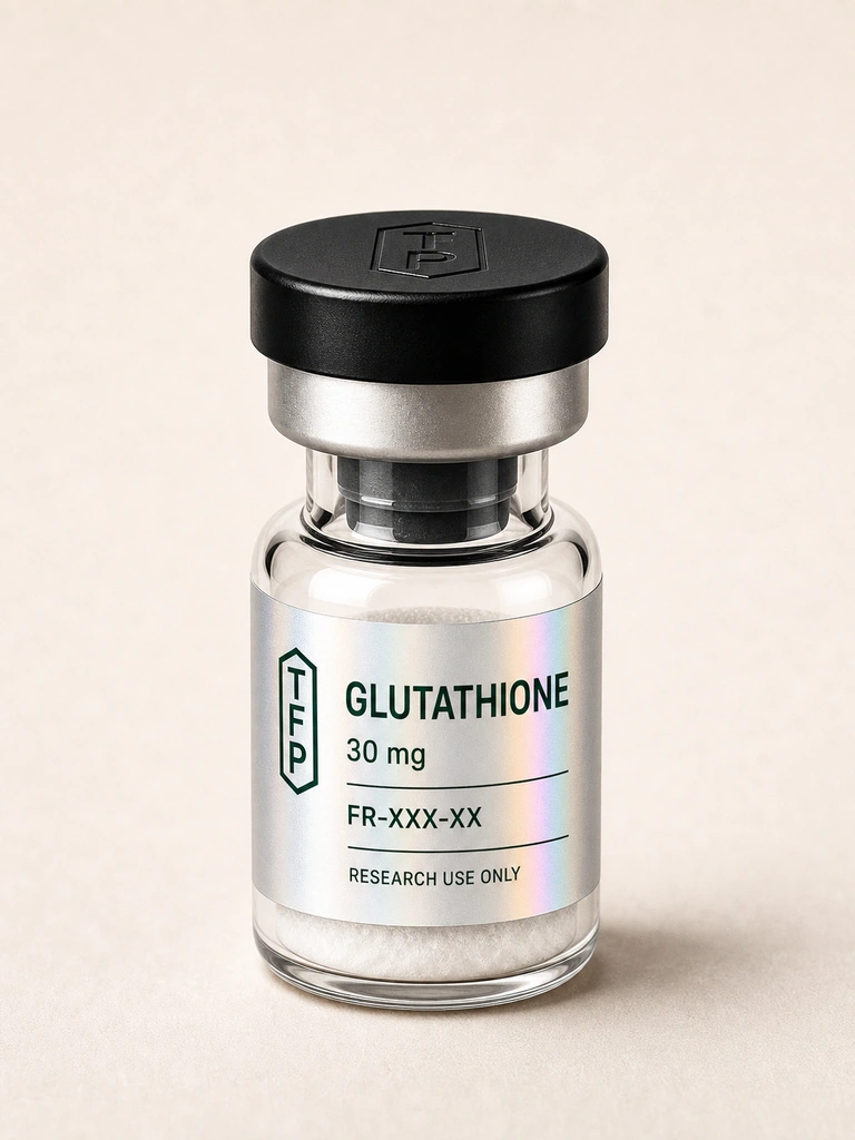 Glutathione, 30 mg en fiole 3 ml The French Peptides avec etiquette holographique argent, lot FR-XXX-XX
