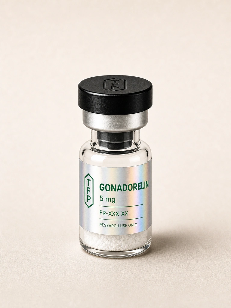 Gonadorelin Acetate, 5 mg en fiole 3 ml The French Peptides avec etiquette holographique argent, lot FR-XXX-XX
