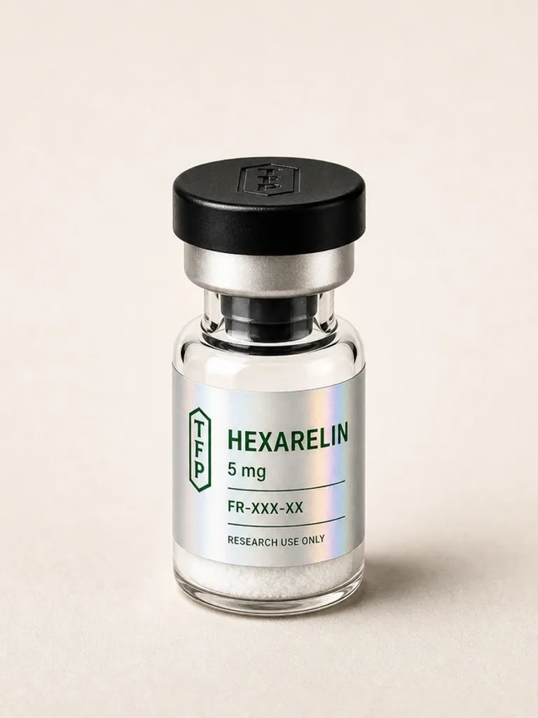 Hexarelin Acetate, 5 mg en fiole 3 ml The French Peptides avec etiquette holographique argent, lot FR-XXX-XX