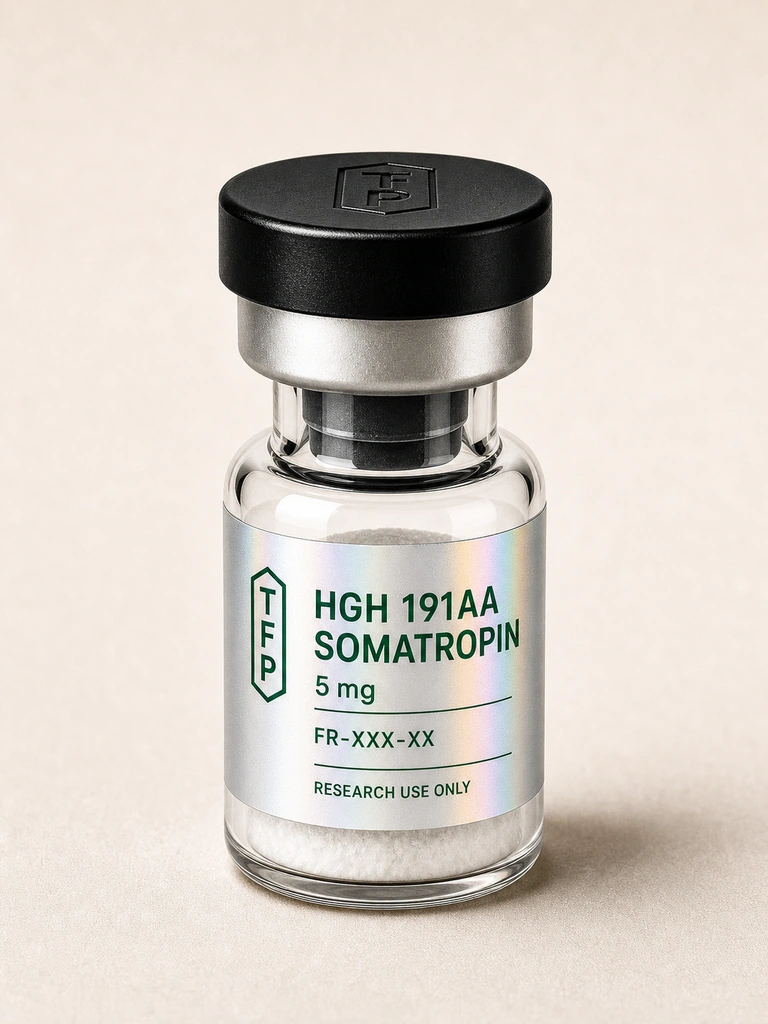 HGH 191AA Somatropin, 5 mg en fiole 3 ml The French Peptides avec etiquette holographique argent, lot FR-XXX-XX