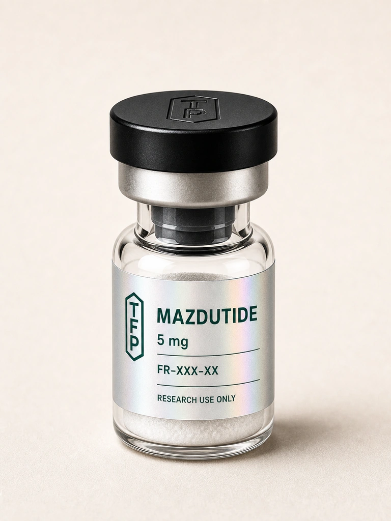 Mazdutide, 5 mg en fiole 3 ml The French Peptides avec etiquette holographique argent, lot FR-XXX-XX