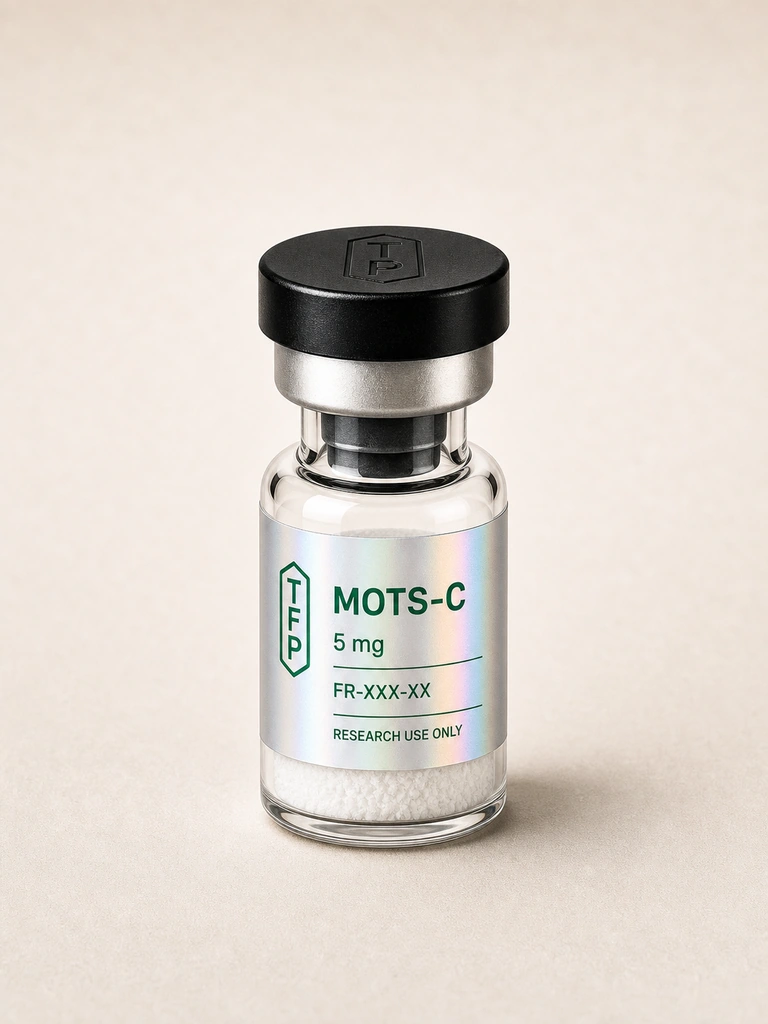 MOTS-c, 5 mg en fiole 3 ml The French Peptides avec etiquette holographique argent, lot FR-XXX-XX