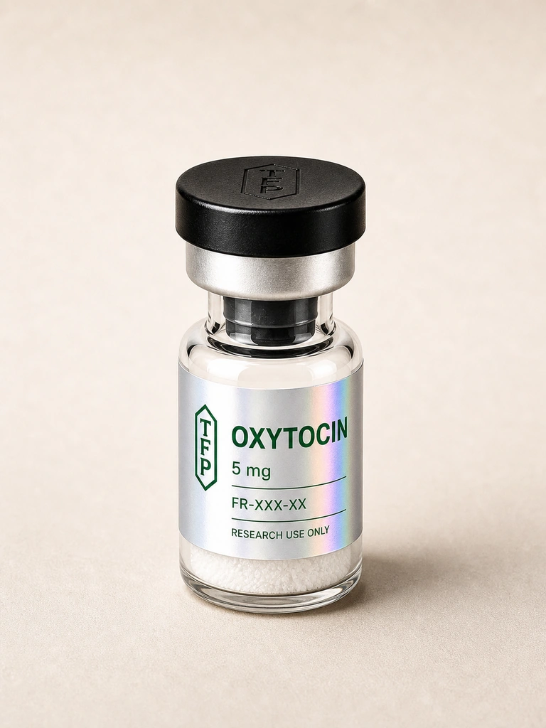 Oxytocin Acetate, 5 mg en fiole 3 ml The French Peptides avec etiquette holographique argent, lot FR-XXX-XX