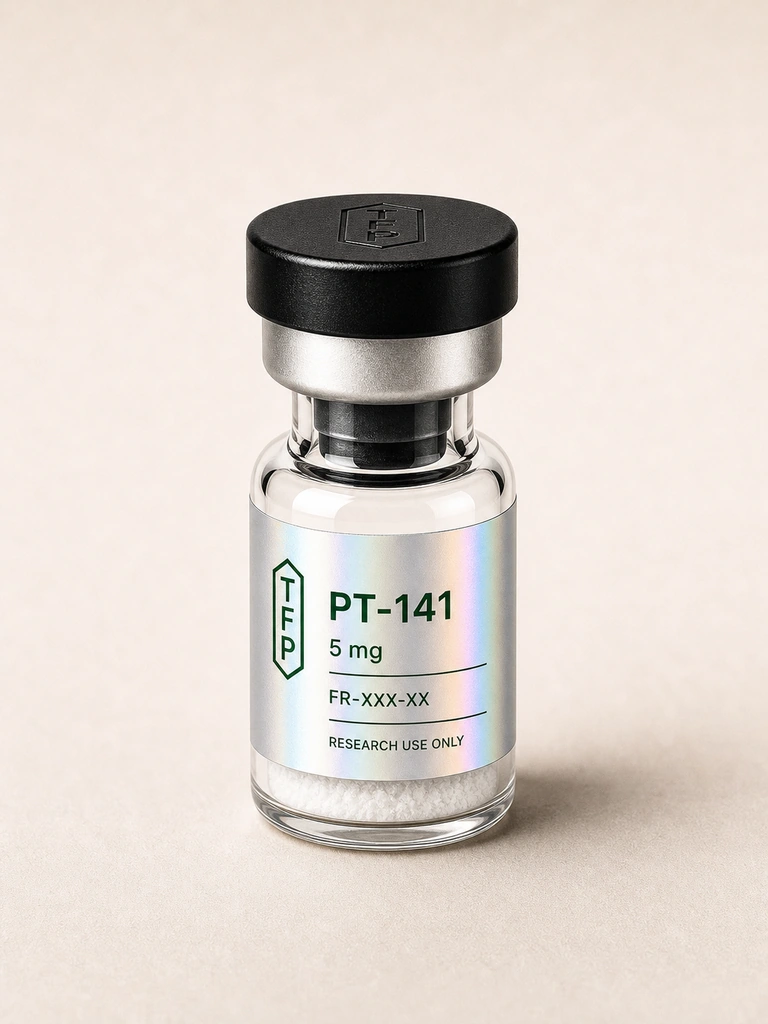 PT-141, 5 mg en fiole 3 ml The French Peptides avec etiquette holographique argent, lot FR-XXX-XX