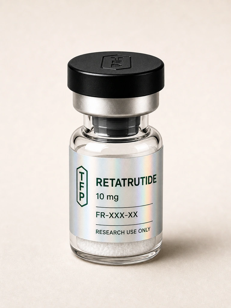 Retatrutide, 10 mg en fiole 3 ml The French Peptides avec etiquette holographique argent, lot FR-XXX-XX