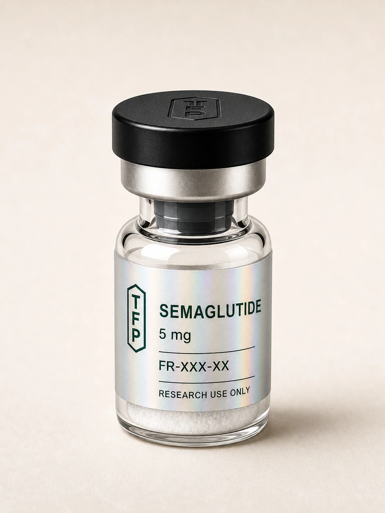 Semaglutide, 5 mg en fiole 3 ml The French Peptides avec etiquette holographique argent, lot FR-XXX-XX
