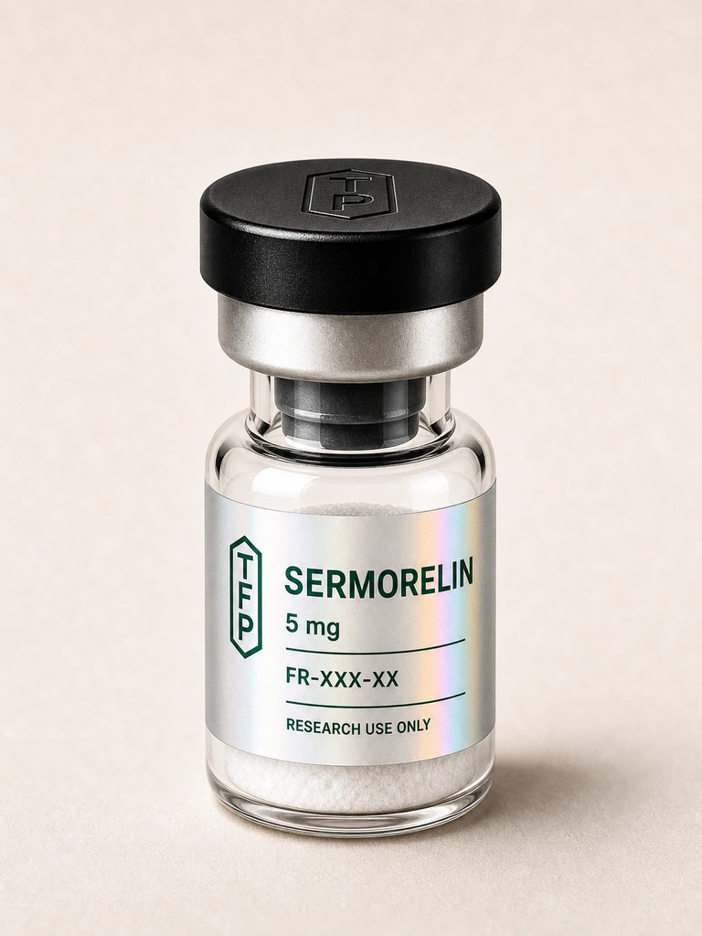 Sermorelin Acetate, 5 mg en fiole 3 ml The French Peptides avec etiquette holographique argent, lot FR-XXX-XX