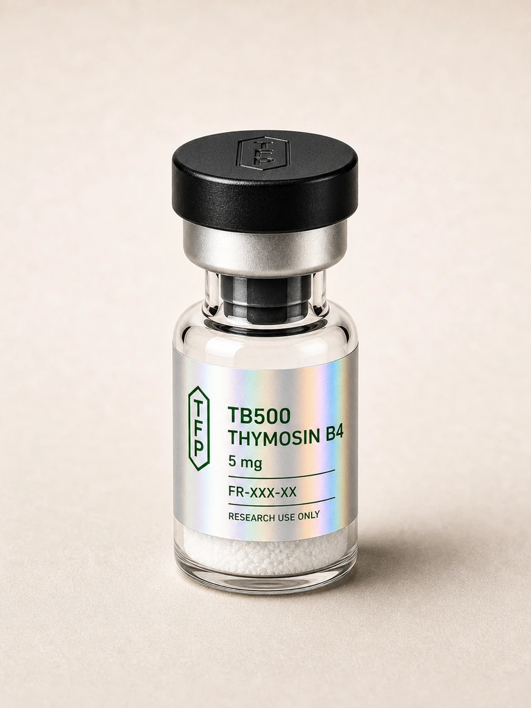 TB500 Thymosin B4 Acetate, 5 mg en fiole 3 ml The French Peptides avec etiquette holographique argent, lot FR-XXX-XX