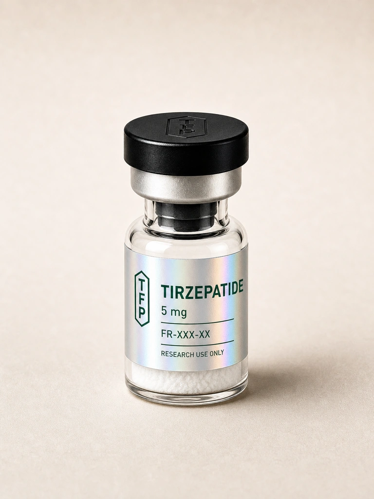 Tirzepatide, 5 mg en fiole 3 ml The French Peptides avec etiquette holographique argent, lot FR-XXX-XX